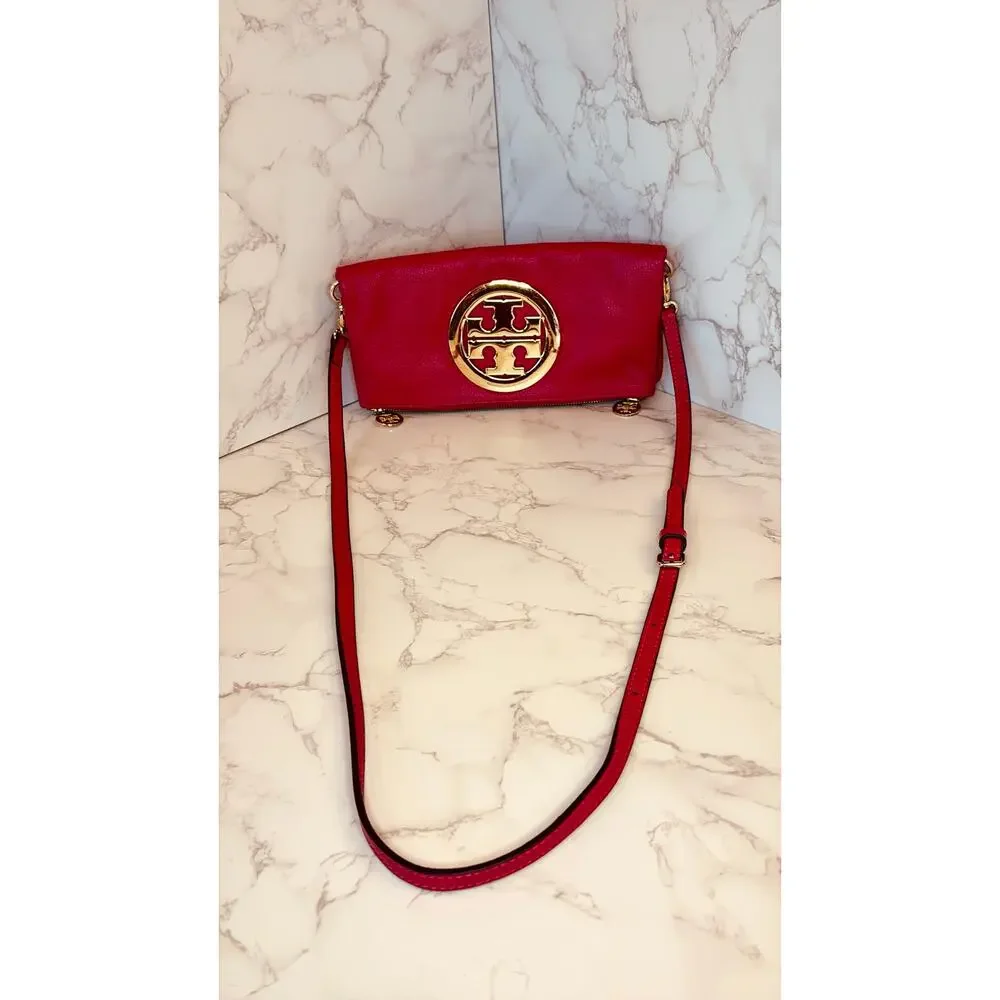 TORY BURCH Amanda Foldover Clutch Crossbody w/Pink Leather w/Golden Accents, EUC